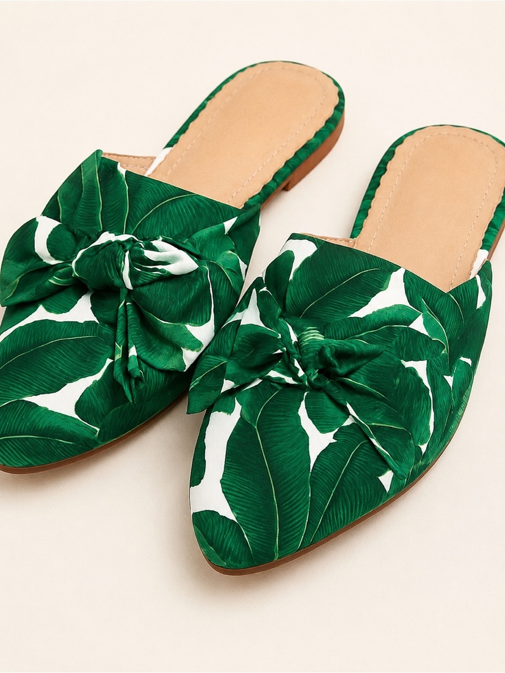 Restricted Emerald Leaf Bow Mules | Chic Slip-Ons | Size 9